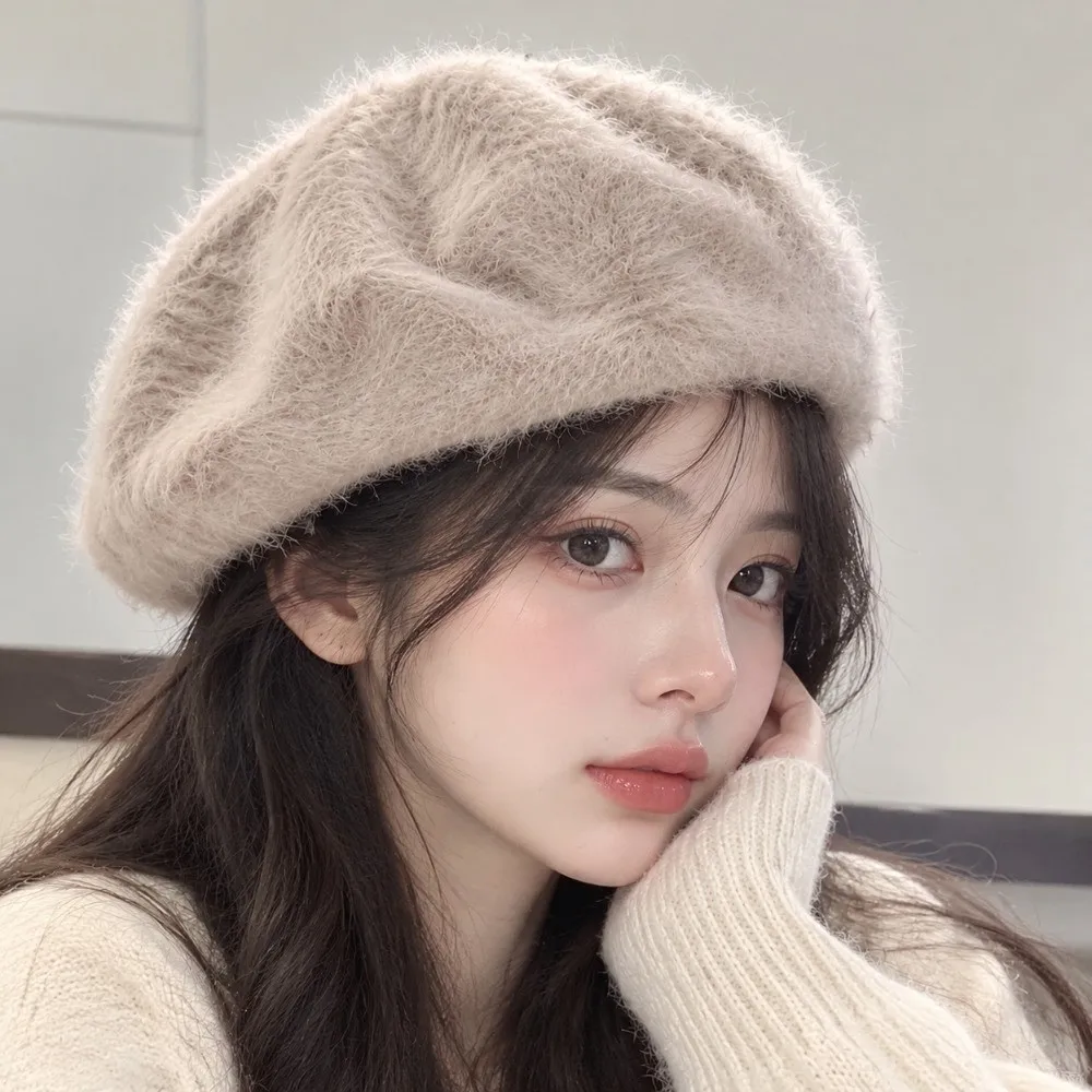 Artist Hat Solid Color Faux Mink Beret Soft Furry Pumpkin Painter Cap French Style Flat Top Plush Octagonal Cap Dating