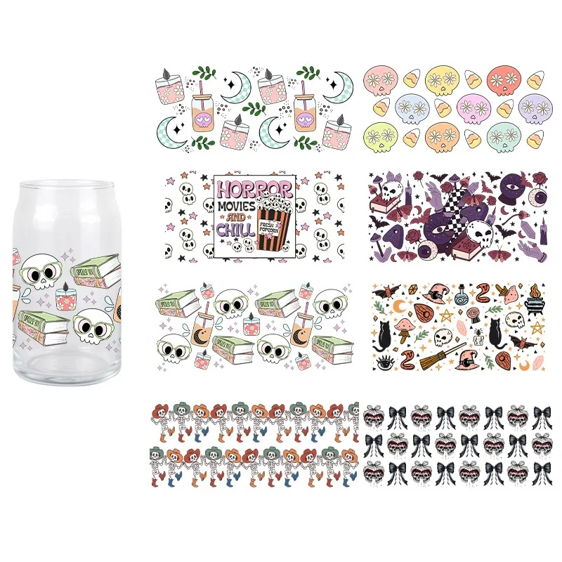 3D Skull UV DTF Cartoon Transfer Sticker 16 OZ Wraps Cup Durable Glass Cup Decals DIY Hot Sale UV DTF