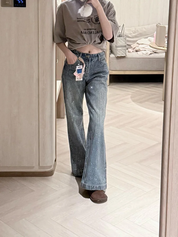 

Retro Large Size Glittering Diamond Embellished Washed Denim Pants Women's Summer New Style BT Lazy Straight Leg Slimming Jeans