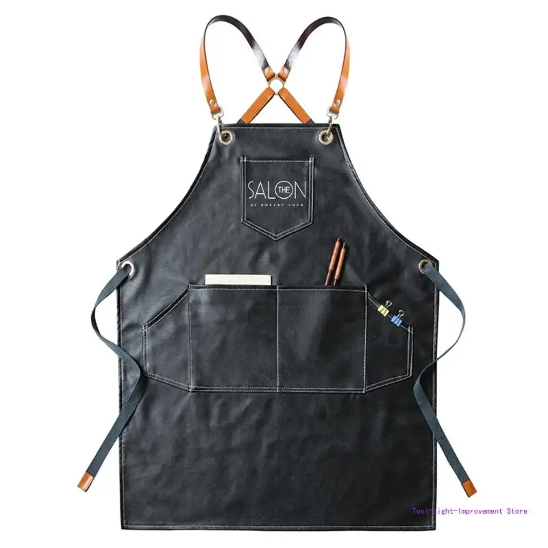 C63E PU Working Apron for Cross Back Adjustable Chef Apron Multi-pocket Sleeveless Adjustable Strap and Large Pockets