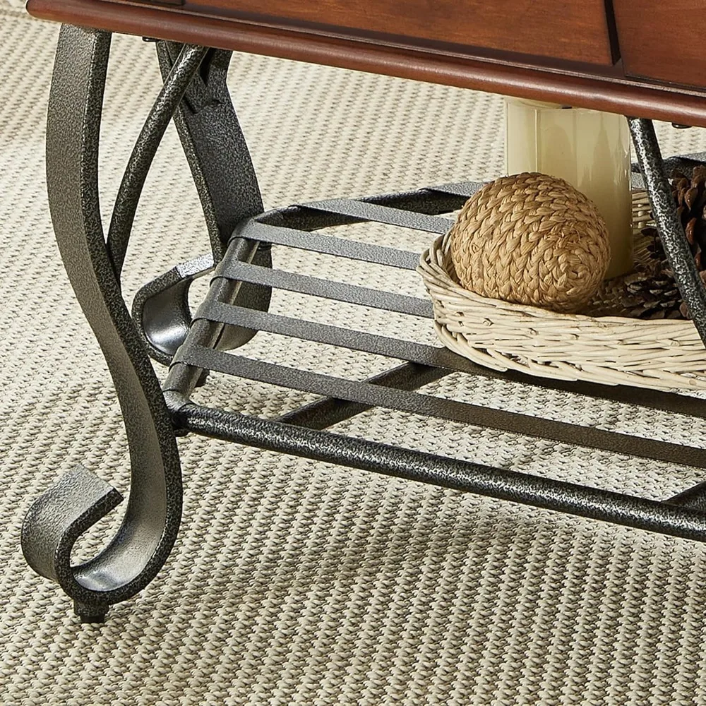 طاولة قهوة خشبية سداسية كلاسيكية مع سطح زجاجي، طاولة قهوة عتيقة من طبقتين مع درج وساق معدنية لغرفة المعيشة