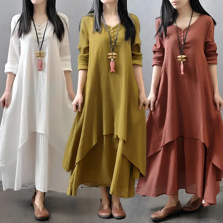 2023 Spring Autumn New Two-piece Illusion Long Dress Artistic Wide Hemming Hemp Dress Loose Fit Long Sleeve Cotton Hemp Skirt