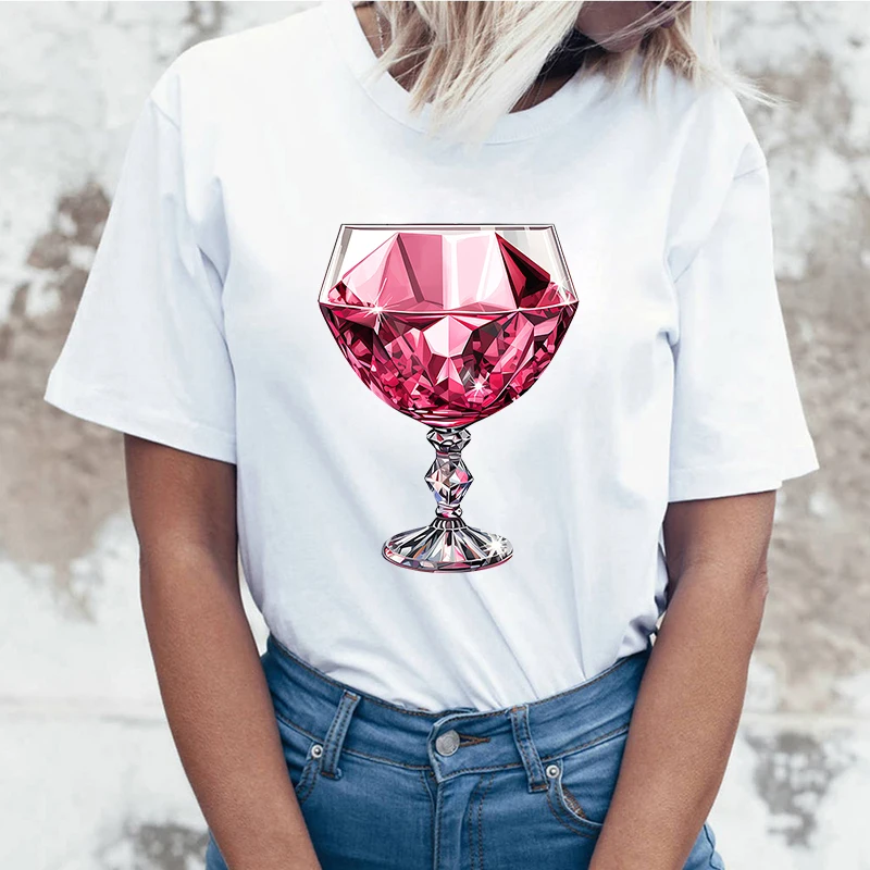 تي شيرتات نسائية مطبوعة من الزجاج والنبيذ الوردي ، قمصان كاجوال بأكمام قصيرة ، قمم برقبة مستديرة ، أزياء صيفية ، جودة عالية