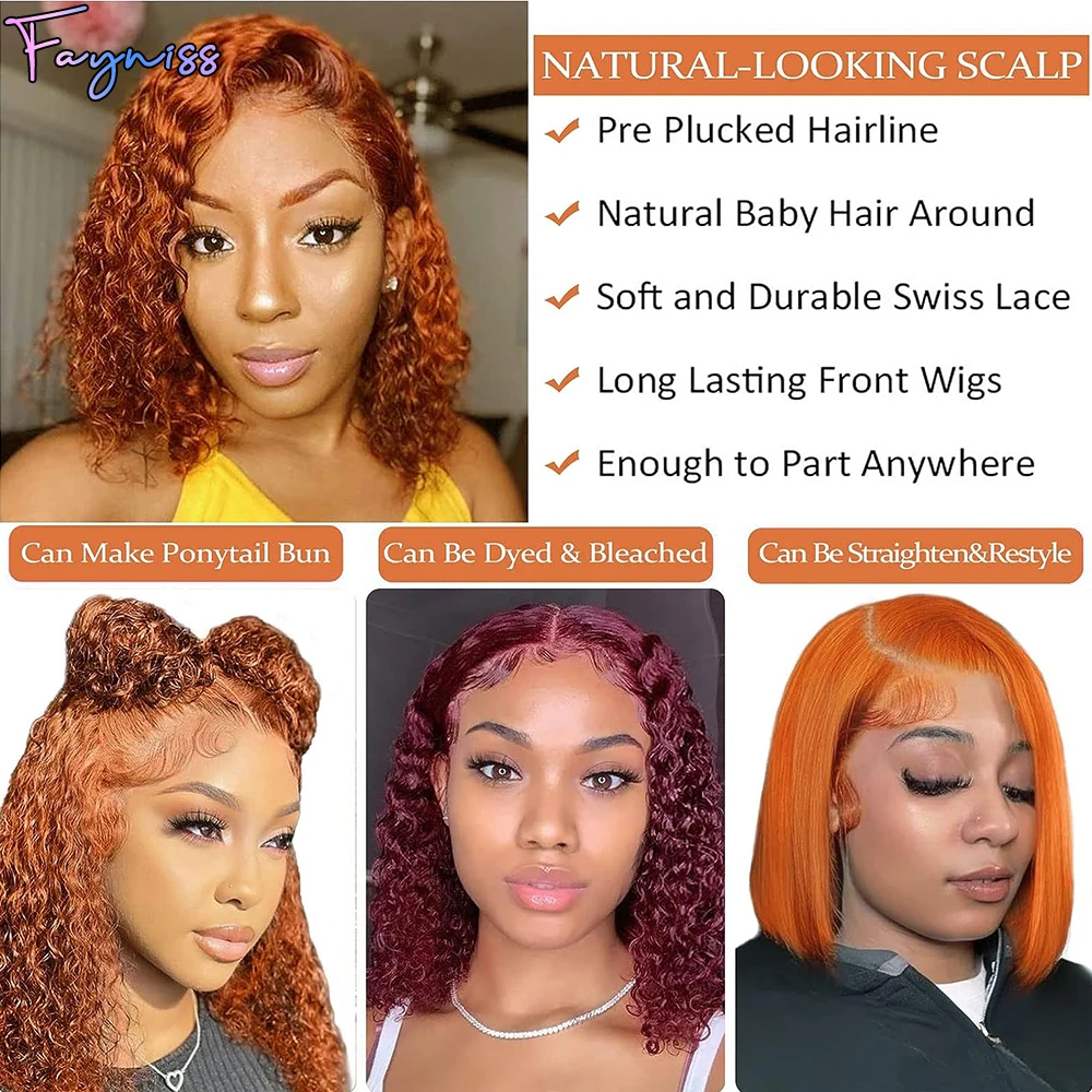 Ginger Orange Human Hair Bob Wig 13x4 HD Lace Frontal Wigs Water Wave Lace Front Wig For Women 100% Human Hair Pre Plucked