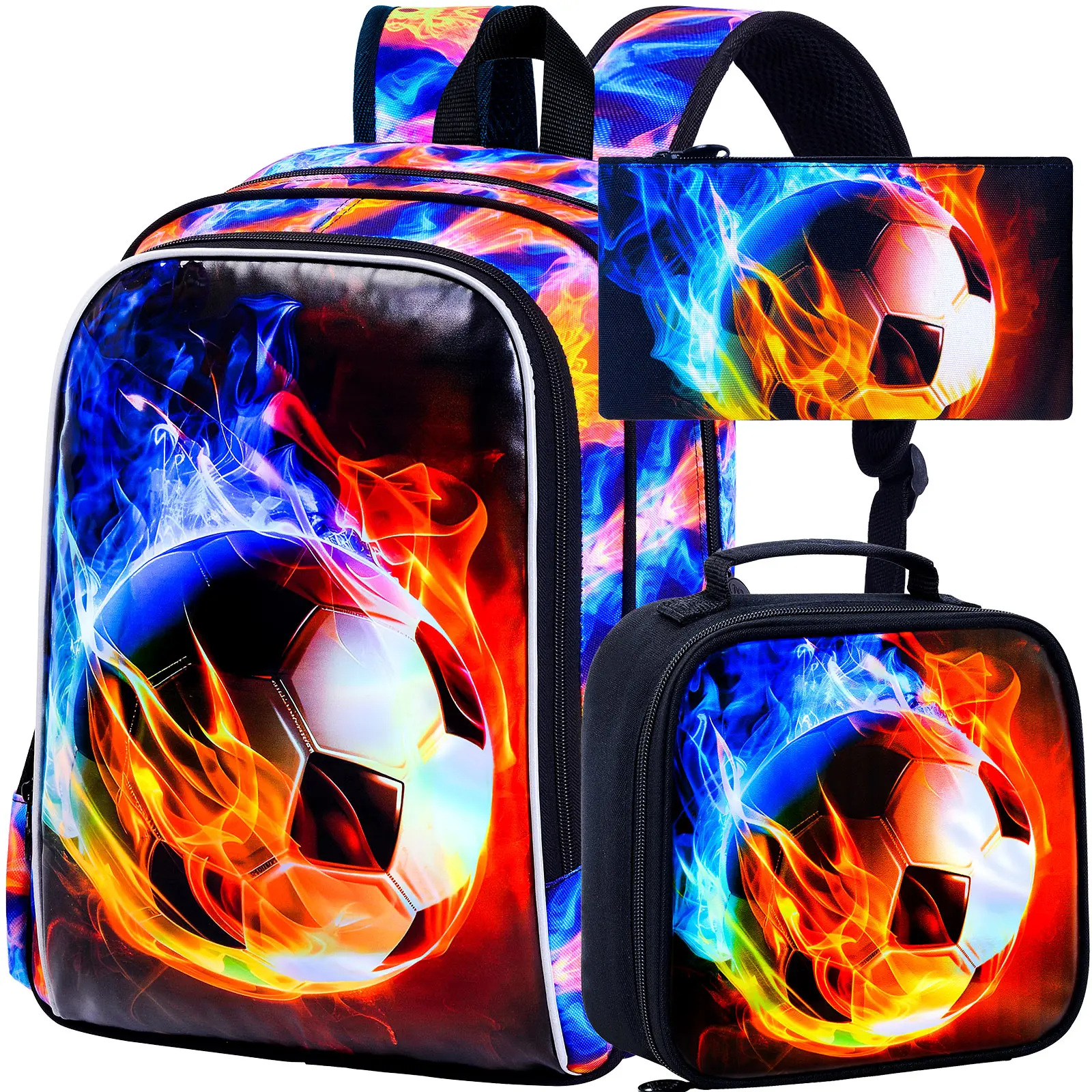

3PCS Boys Soccer Backpack, Kids Fire Bookbag with Lunch Box, 17" Water Resistant School Bag for Teenagers Elementary Middle