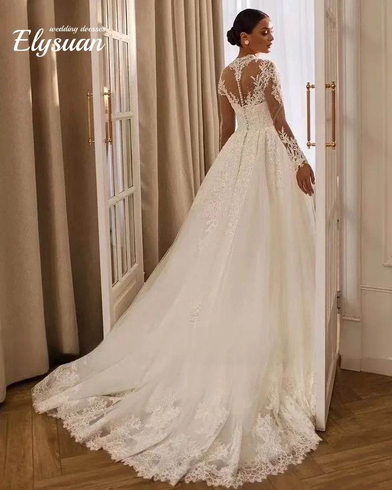 Maßgeschneiderte wunderschöne High Neck Perlen Perlen Brautkleider A-Linie Applikationen Spitze Langarm Brautkleid Vestidos de Novia