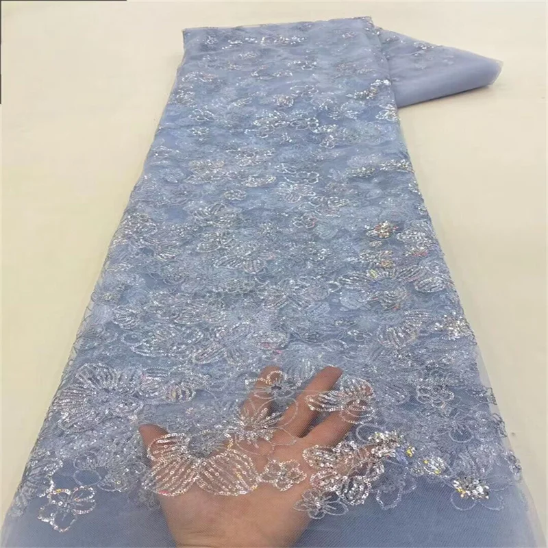 African Lace Fabric 2024 Blue Handmade Beaded Lace Fabric France Sequins Nigerian Embroidery Bridal Mesh Lace Fabric For Sewing