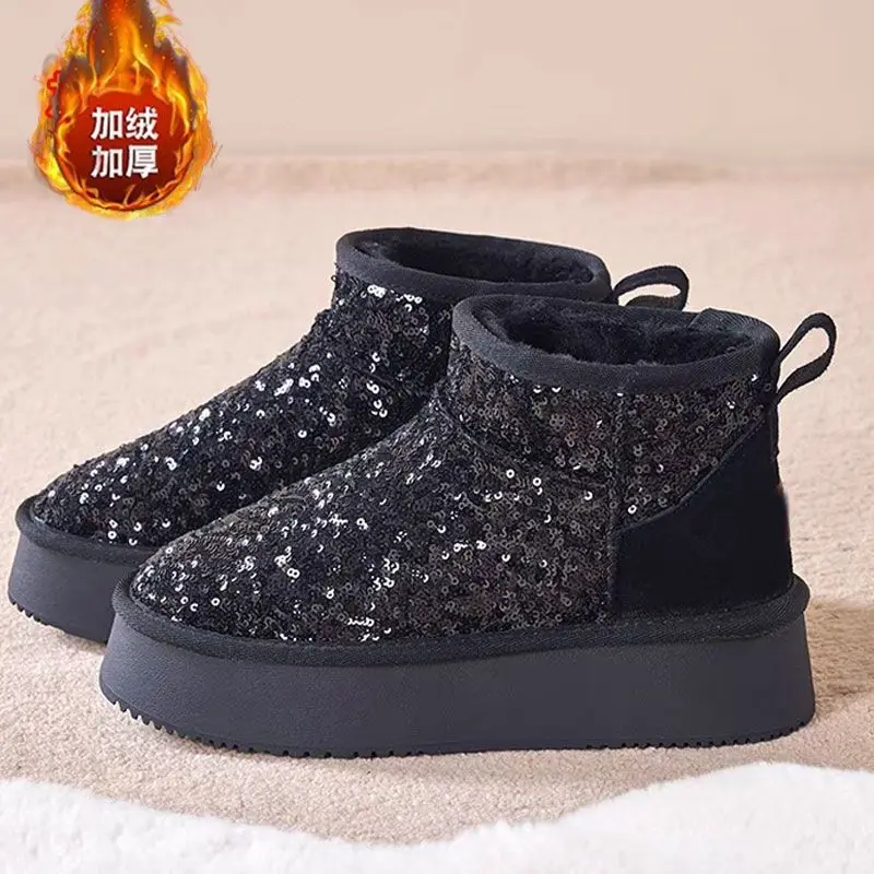 

Women Winter Sequin Snow Boots 2025 Woman Thick Short Boots Fashion Girls Casual Non-slip Boots Student Plush Warm Cotton Shoes