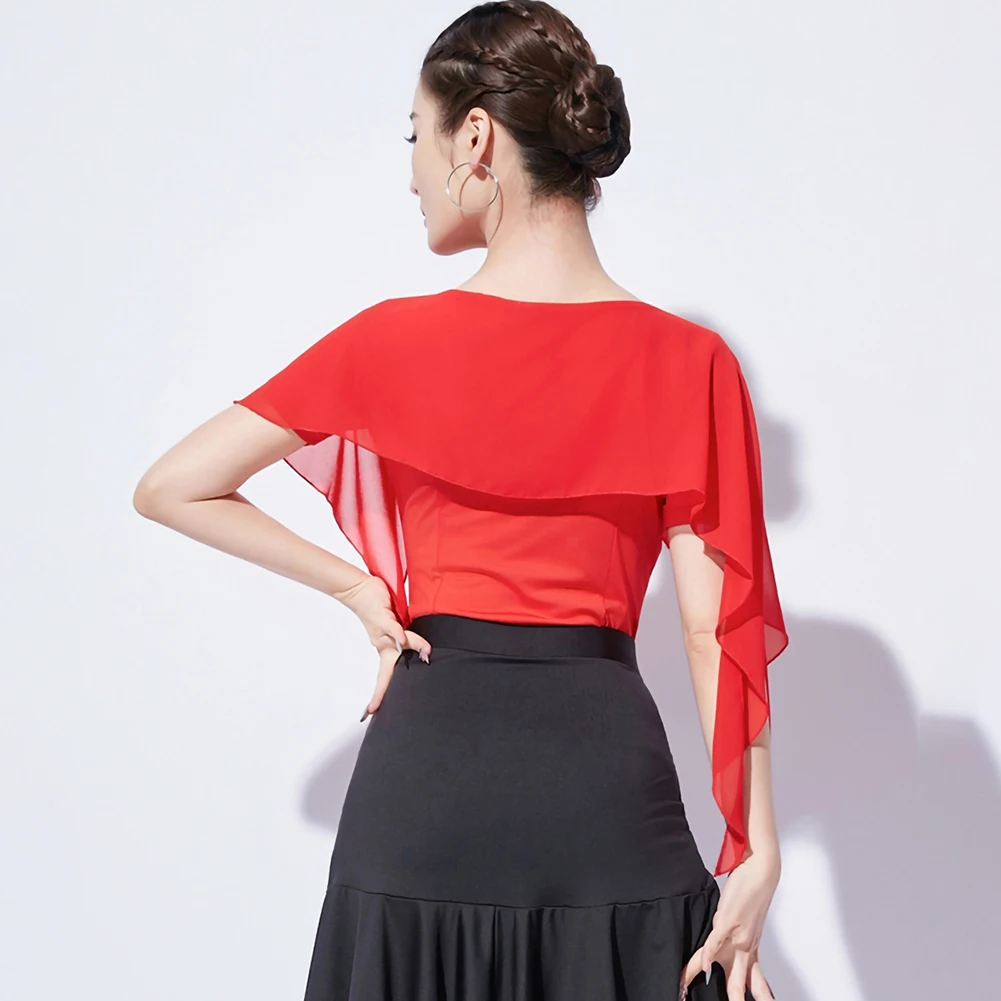 Practice Clothes Women's Long-Sleeved Top Shirt Dance Short-Sleeved Dance Asymmetric Black Round-Neck Red Mesh Dance Clothes