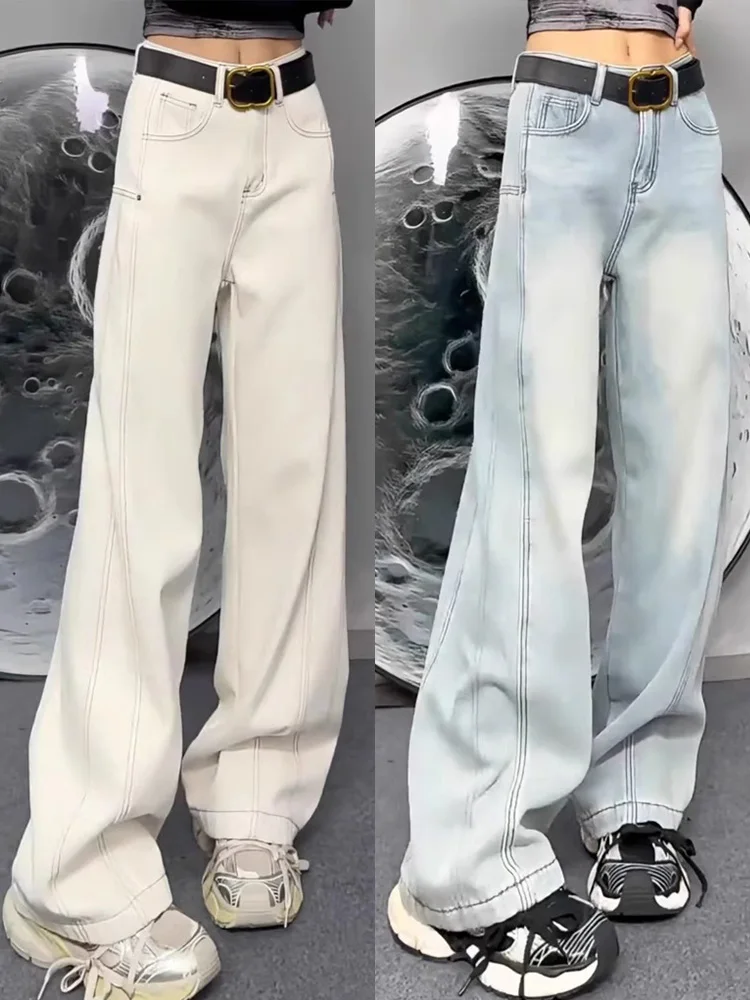 Jeans casual a gamba larga a vita alta Pantaloni in denim dal taglio dritto da donna Autunno Nuovo plus size Pera ape Dimagrante Lunghezza pavimento