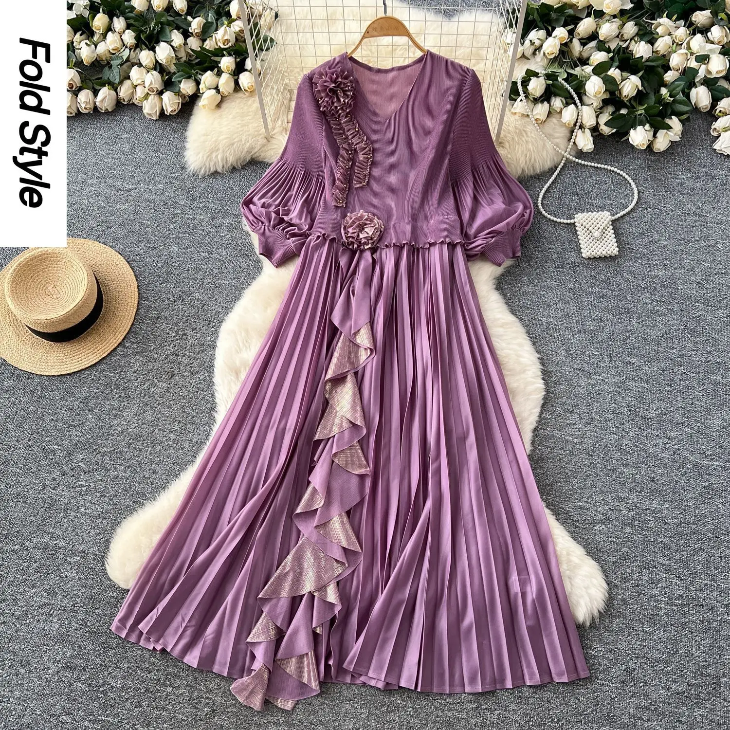 

Miyake 2025 Celebrity Premium Dress Women's Autumn Fungus Edge Lotus Leaf Edge Loose Design Temperament Pendulum Long Skirt