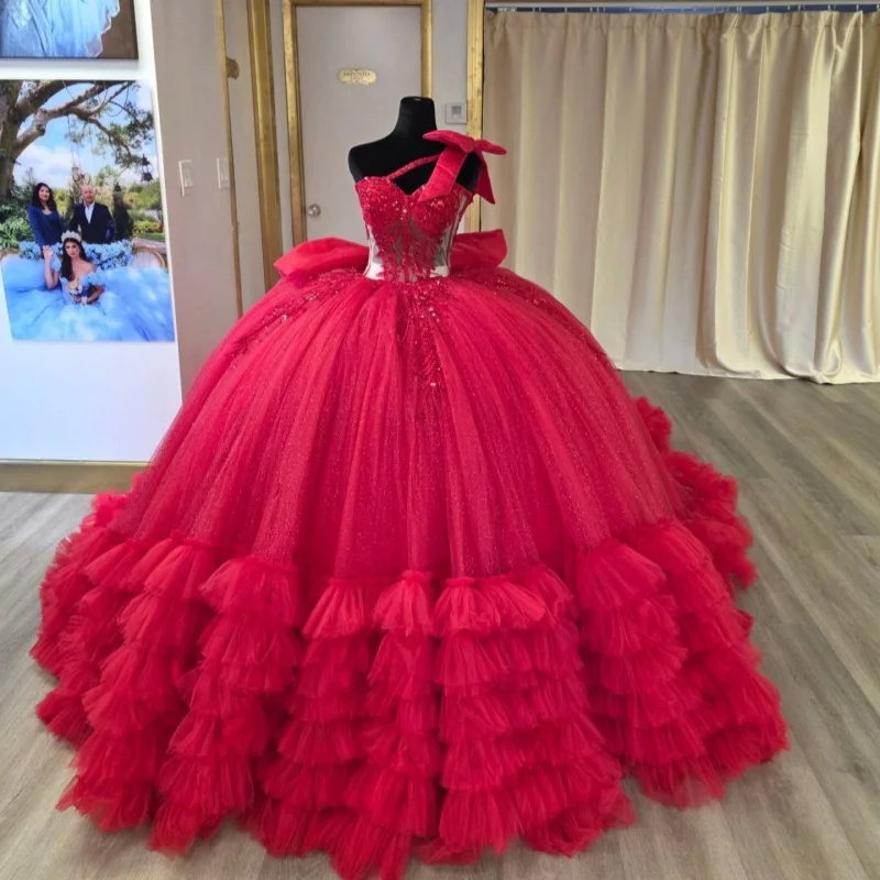 

Red Quinceanera Dress off-shoulder Glitter Flower Crystal Decal Lace Layering Long tail Bow vestidos de 15 Quinceanera ﻿Customiz