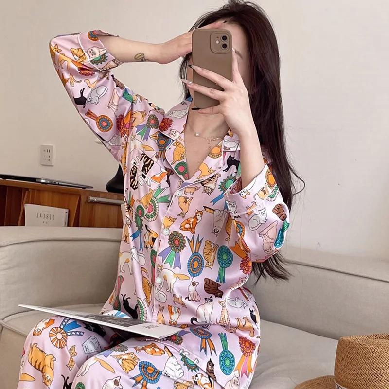 Women\'s Pajamas Sets Spring Autumn 2 Piece Animal Print Pyjama Faux Silk Satin Sleepwear Long Sleeve Pijama Mujer Pjs Homewear