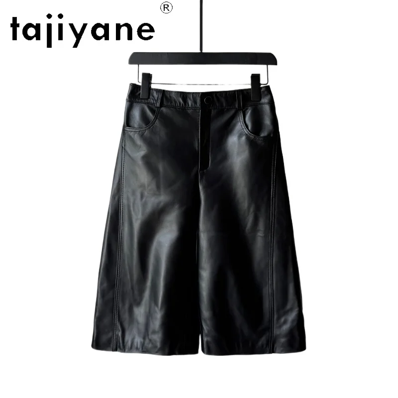 TAJIYANE Genuine Sheepskin Leather Pants Slim Fit Straight Trousers for Woman Wide Leg Pants Woman Knee Length Pantalon Femme