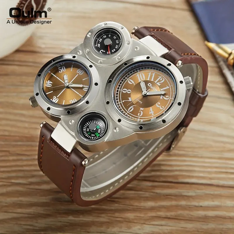 Oulm Large Dial Luxury Men's Watch, Dual Time Zone Quartz Watch, Ideal Gift Choice, Stylish Casual Versatile Cool Street Fashion Accessory for Trendy Male Students, the Best Gift for Him