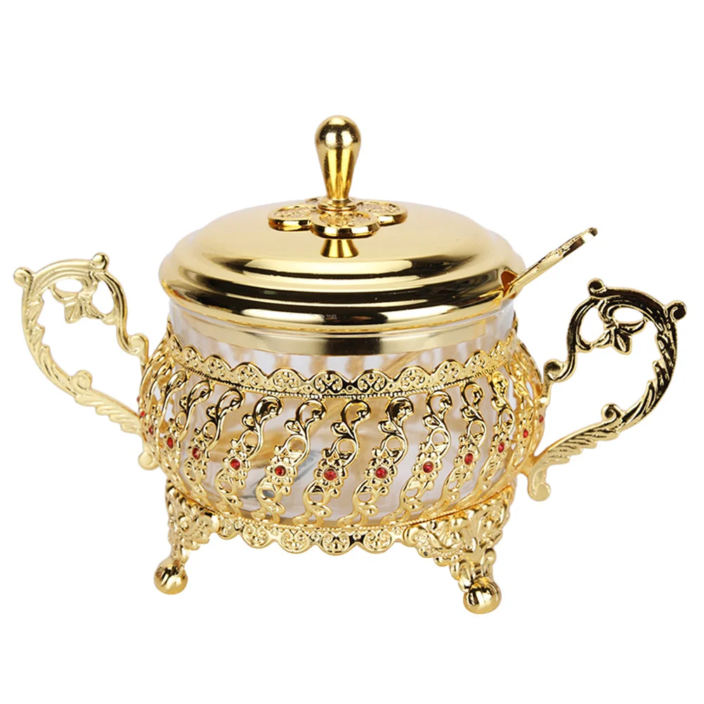 

Seasoning Pot Glass Alloy Sugar Bowl Salt Pepper Jar with Lid Spoon Creative Design Kitchen Condiment Holder