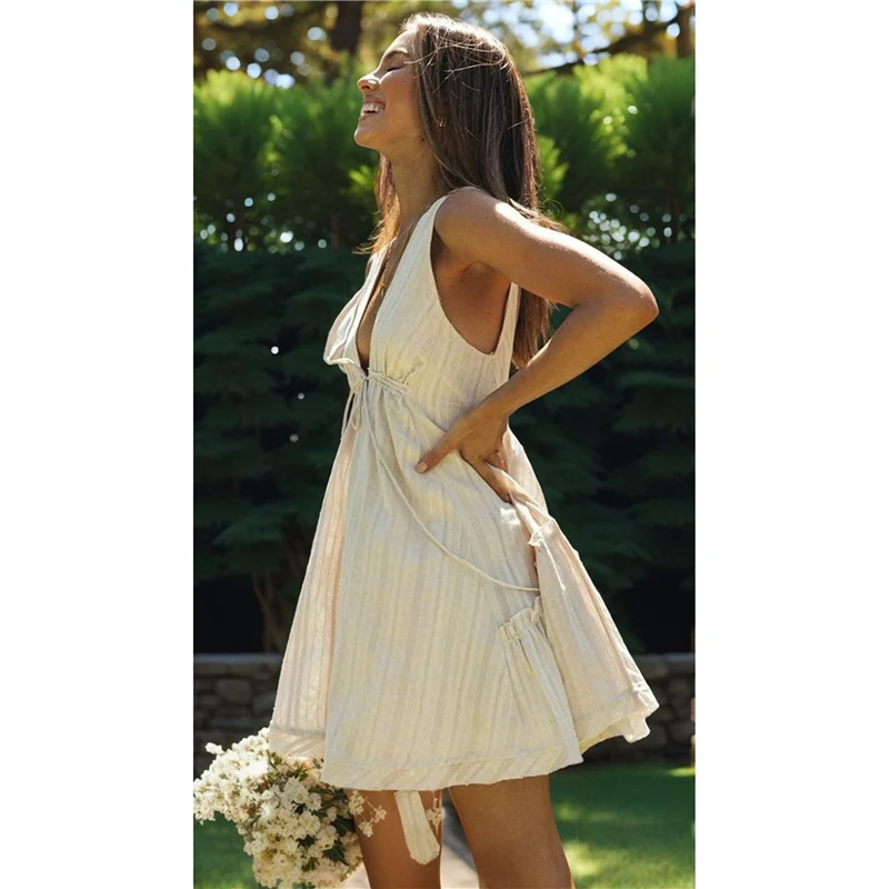 ABRT-Mini vestidos femininos de verão sem mangas com decote em V profundo em camadas balanço sem costas para sair férias boho