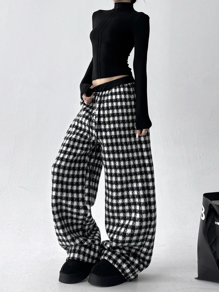 Pantaloni casual da donna larghi scozzesi a vita alta Pantaloni lunghi a gamba dritta retrò americani per donna Inverno 2025