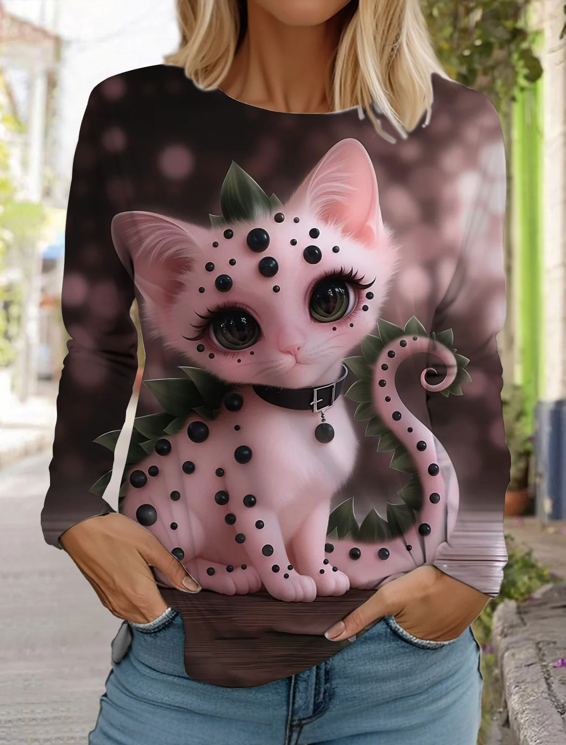 2024 Autumn and Winter Women\'s Long Sleeve 3D Printed Kitten Cute Print T-Shirt Women\'s Streetwear Round Neck Long Sleeve
