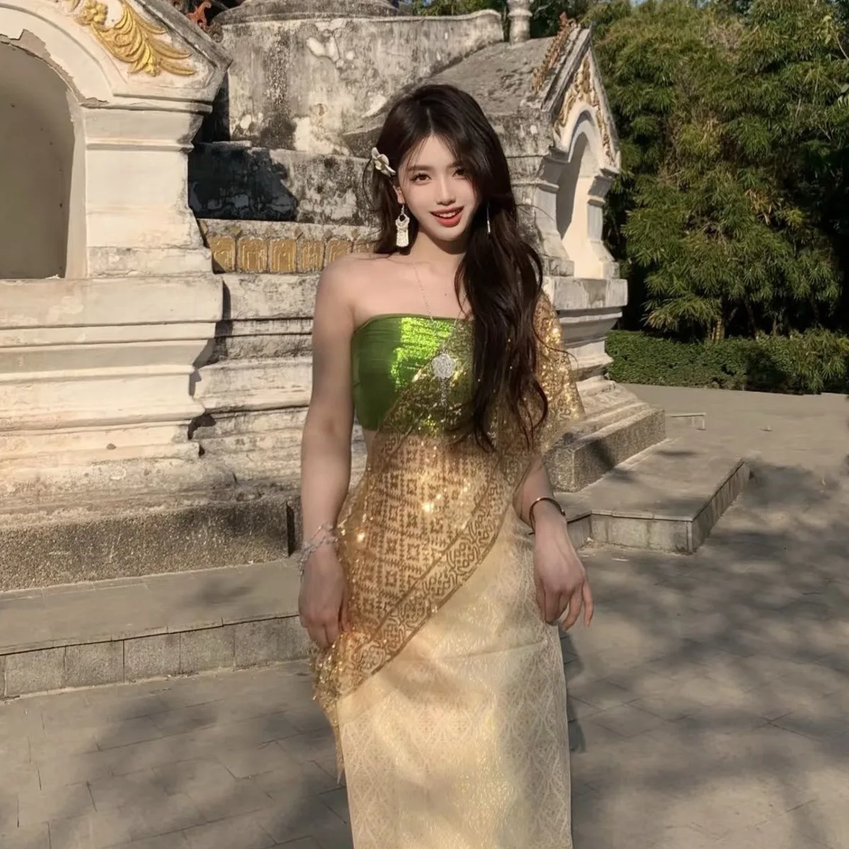Skirt Chest Wrap+shawl Women Sets Xishuangbanna Ethnic Dai Internet Celebrity Slimming Photo Studio Portrait Travel Stage Outfit