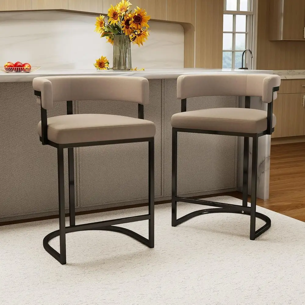 

Pair of 24 Velvet Barrel Back Counter Height Bar Stools with Metal Footrest, Brown Upholstered Seats for Kitchen Counter or Isla