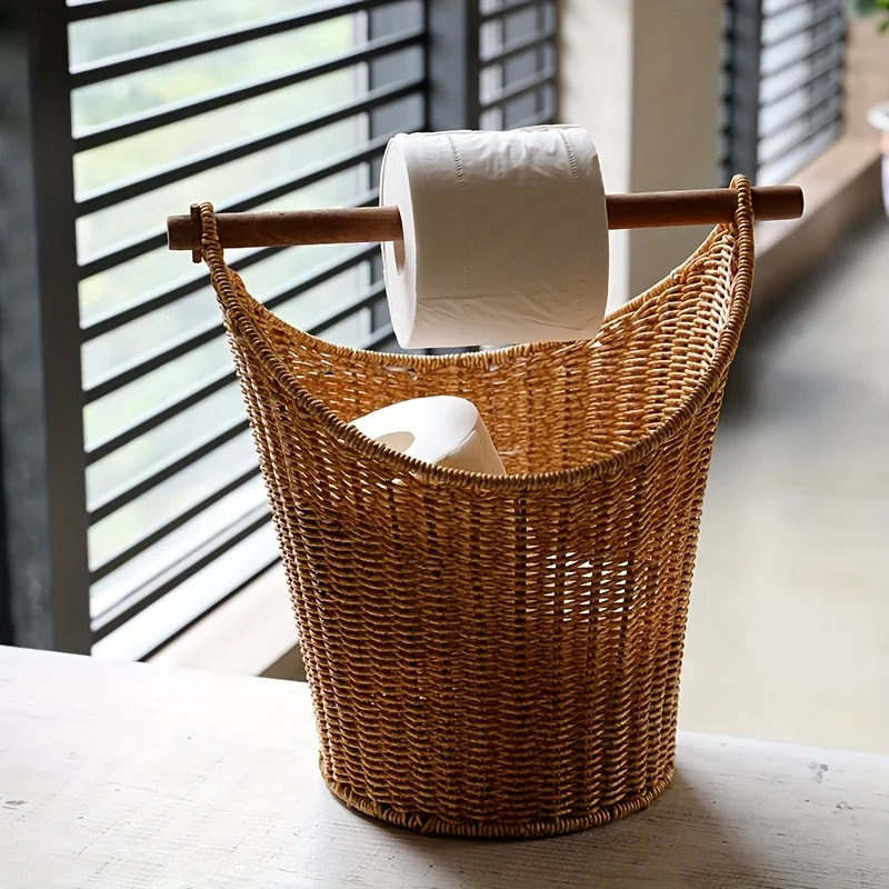 

Vintage Handwoven Storage Basket - Wooden Handle & Lid Organizer for Bathroom Counter, Farmhouse Home Decor | Rustic Open-Top