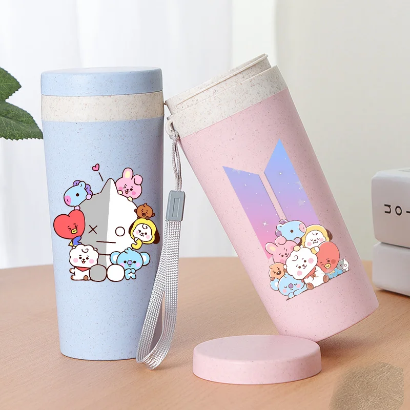 Botella de Agua Portátil BT21 de 350 ml, COOKY TATA RJ, Linda Taza de Plástico a Prueba de Fugas con Diseño de Anime, para Leche, Café, Jugo, Regalo
