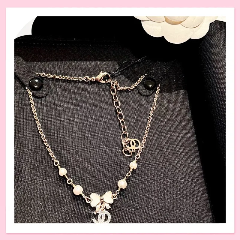 

High Version Home New Small Bow Double Necklace Women's Premium Diamond Enamel Pearl Necklace