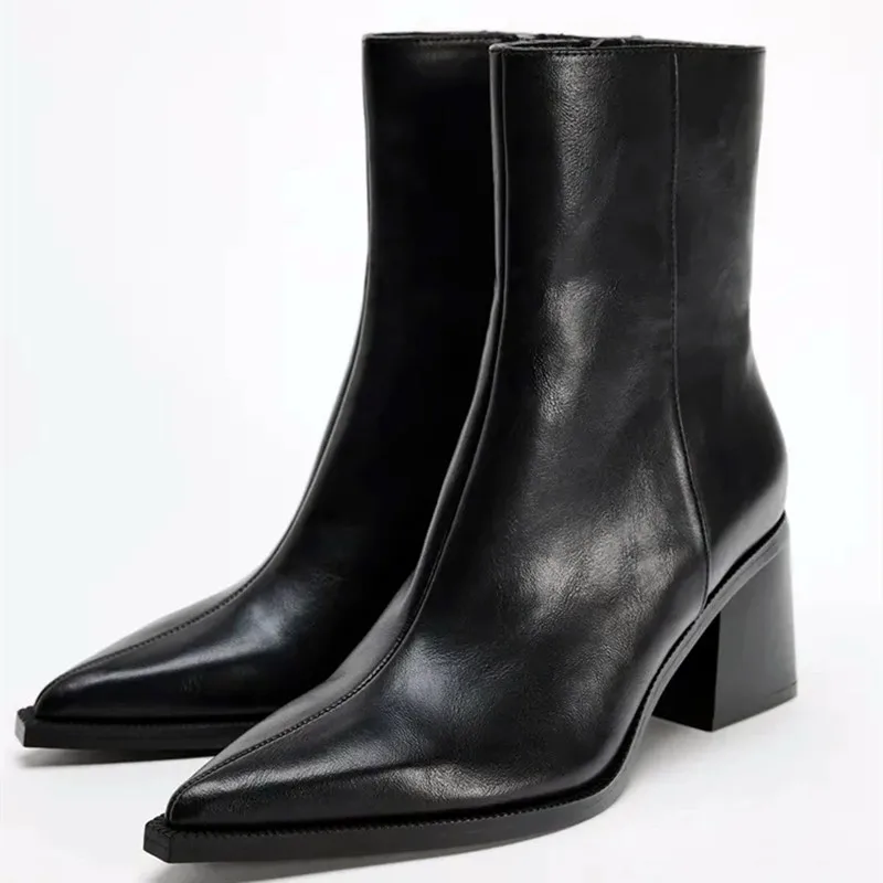 

Chunky Heel Soft Leather Chelsea Boots Women Sexy Pointy Toe Side Zip Design Ankle Boots for Ladies Comfortable Women Shoes