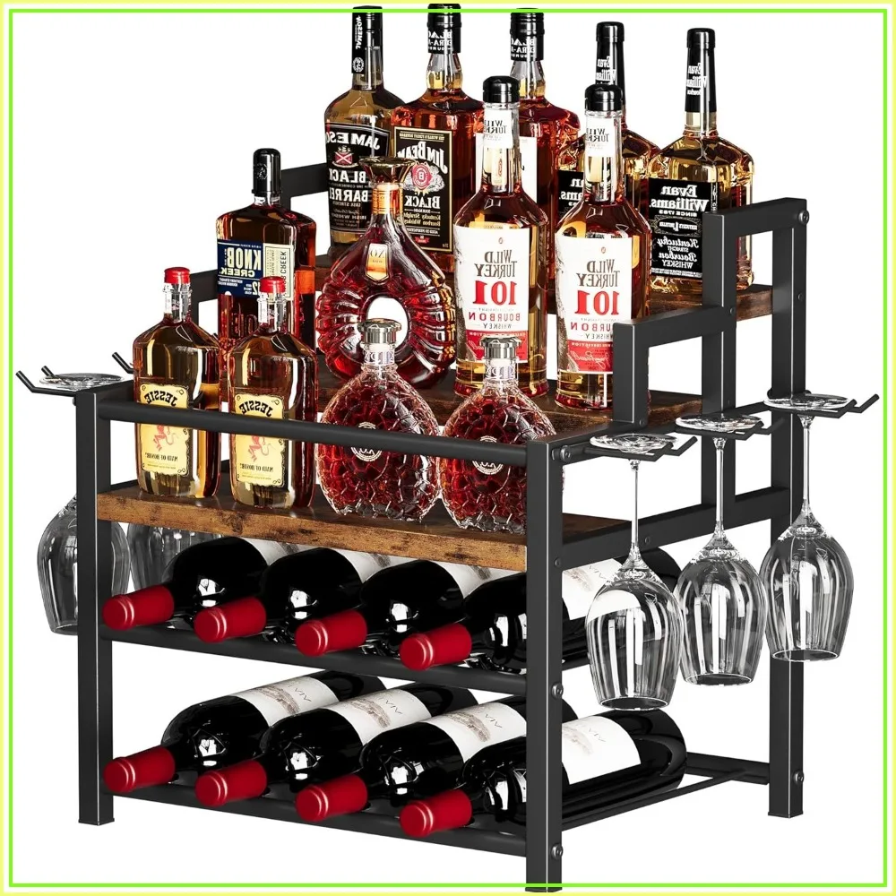 

5-Tier Liquor Bottle Display Shelf, Holds 20 Bottles, Countertop Wine Rack with 6 Glass Holders, Mini Bar Cabinet for Home, Whiskey Organizer