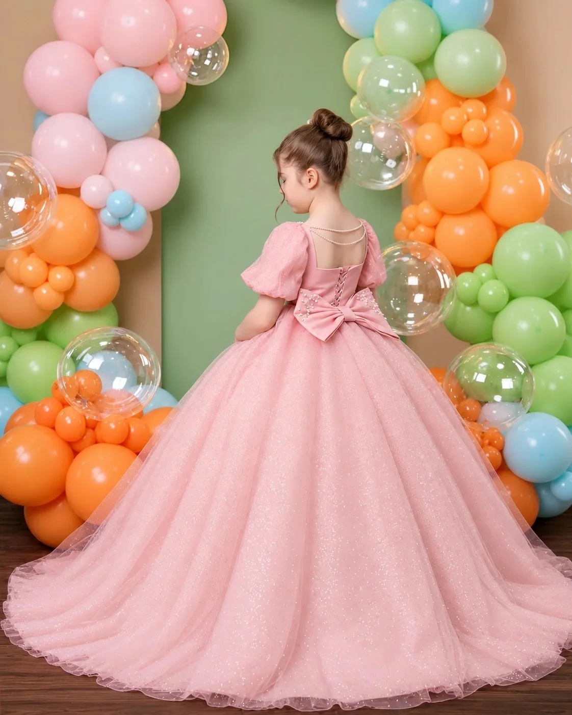 Custom light luxury dress women wedding guest gown girls wedding gown birthday party pageant puff sleeve glitter tulle long ball