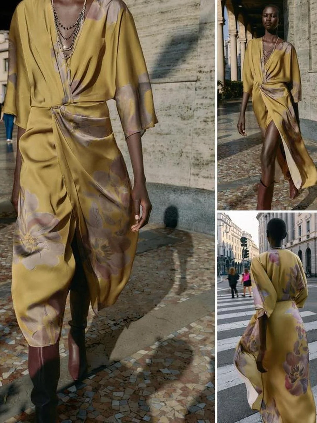 Silk Satin Texture V-ne Midi Dr Early Autumn Front Split Skirt Double Lapel Dr for Young Women Travel Suitable