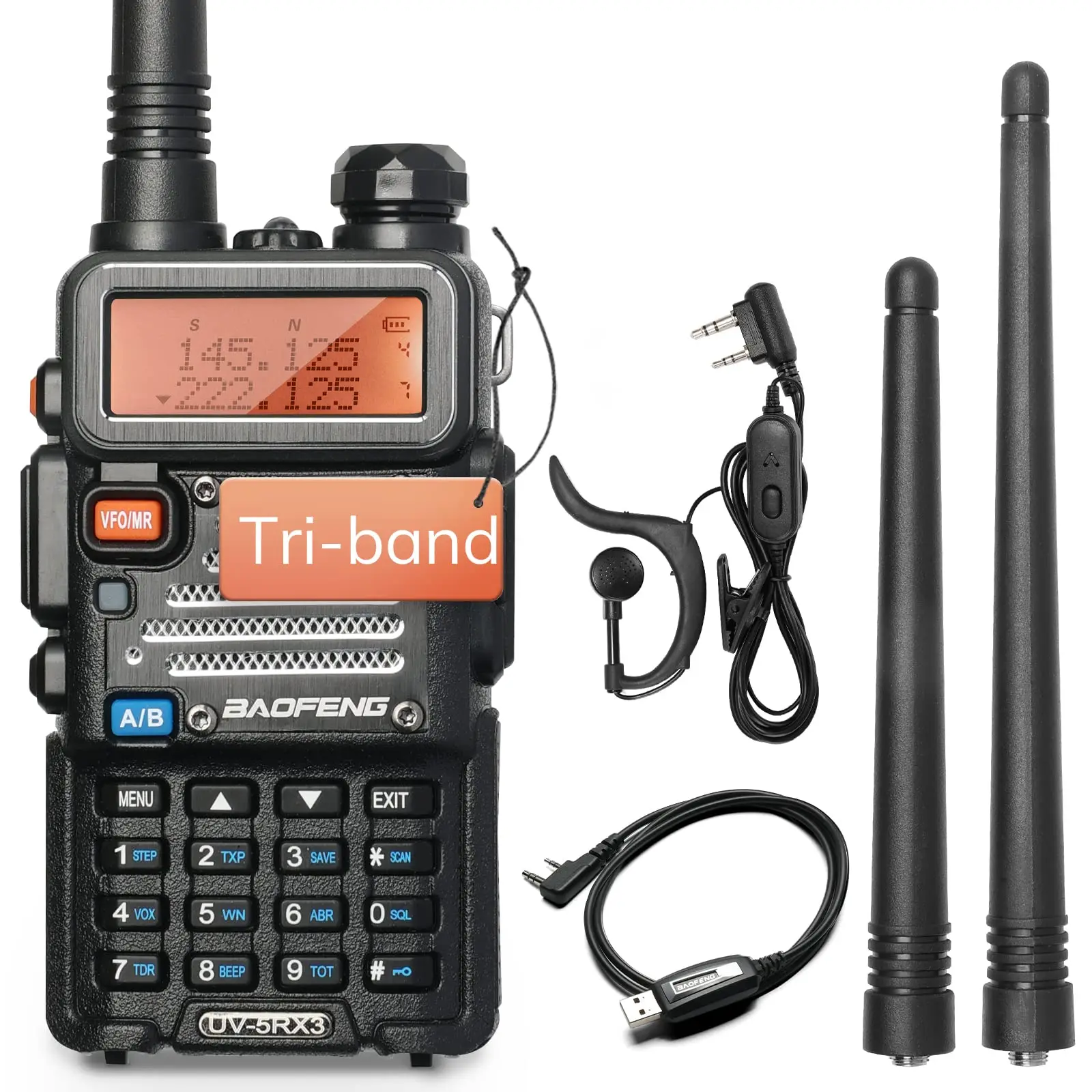 Baofeng X Radioddity UV-5RX3 Tri-band VHF, 1.25M, UHF Amateur Handheld Ham Two Way Radio Walkie Talkie With Earpiece And