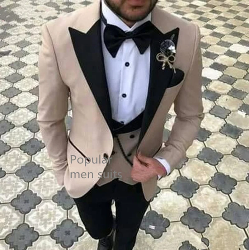 New Men Casual Boutique Business Slim Solid Color Formal Suit 3 Pcs Set Dress Peak Lapel One Button Blazers Jacket Pants