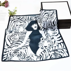 53cm Luxury Brand Tiger Square Silk Scarves Women Animal Trainer Kerchief Summer Neckerchief Spring Scarves For Ladies