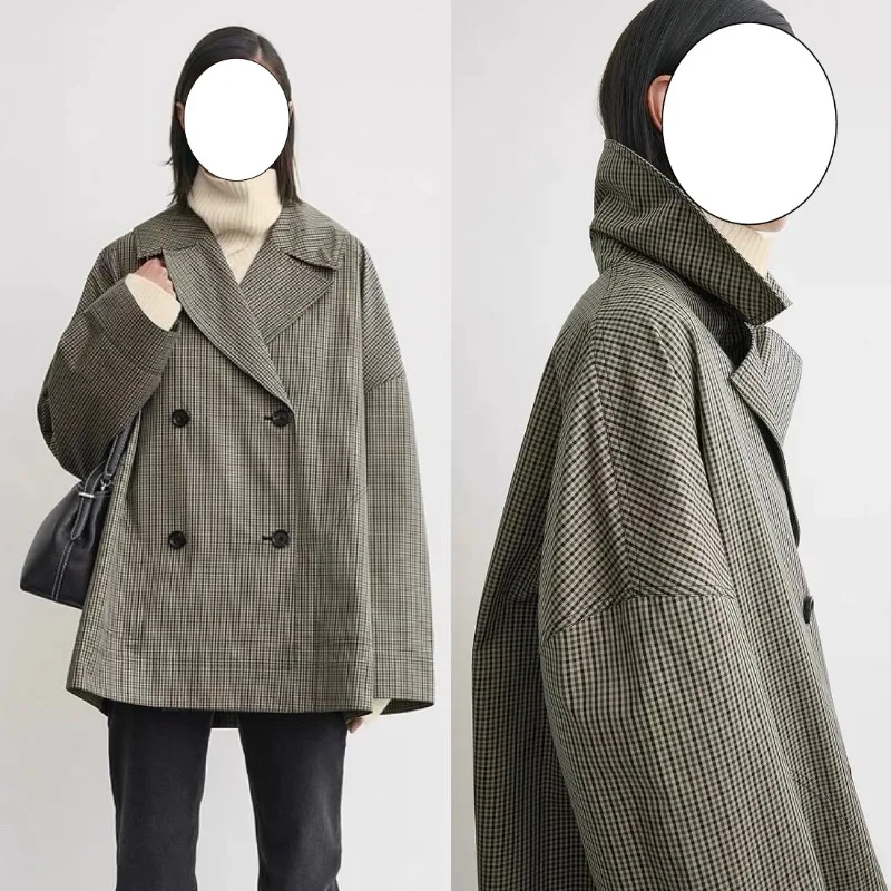 여성용 체크 코트, 중간 길이, 심플한 출퇴근용 한국 스타일, 루즈핏 여성용 코트, 2025년 가을/겨울