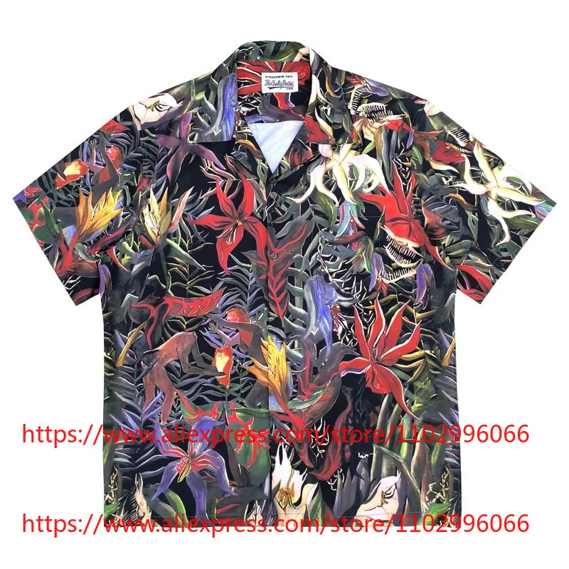 Hot New WACKO MARIA Men's Shirts Floral Hawaiian Shirt Short Sleeve Button Up Casual Streetwear Top