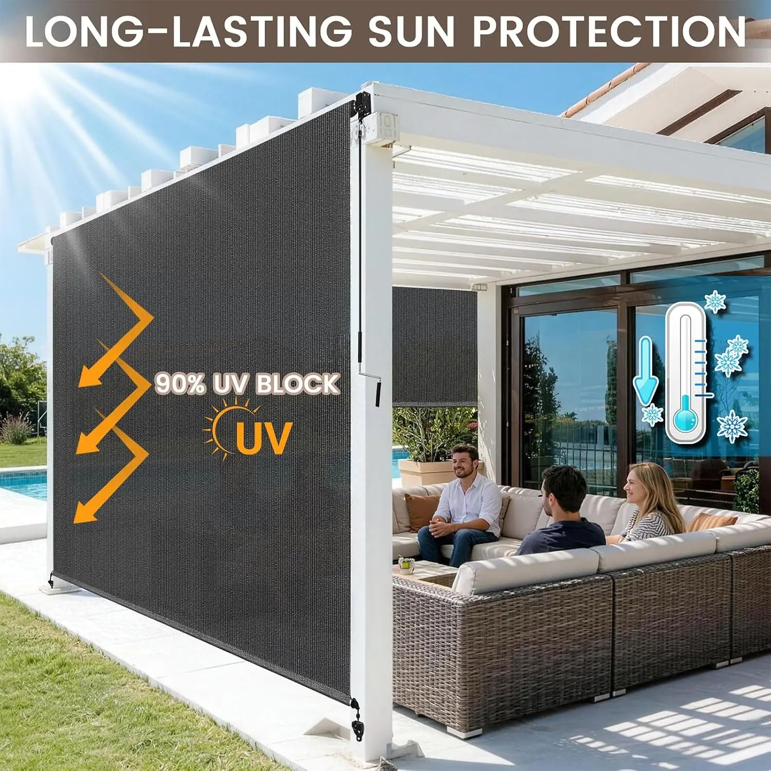 Outdoor Roller Shades for Patio, Gray 10' W x 8' H Cordless Patio Shades Roll Up Outdoor Blinds with Splicing Design, 90% UV Pro