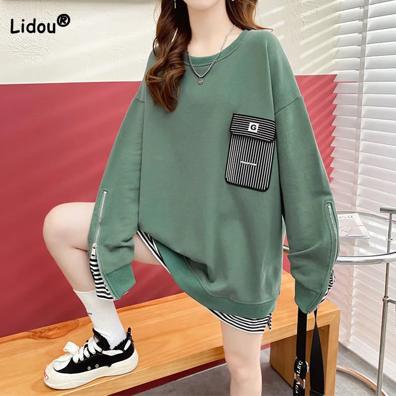 

Casual Women's Zipper Spliced Striped Fake Two Pieces Tops Round Neck Stylish All-match Long Sleeve Sweatshirts Female Clothing