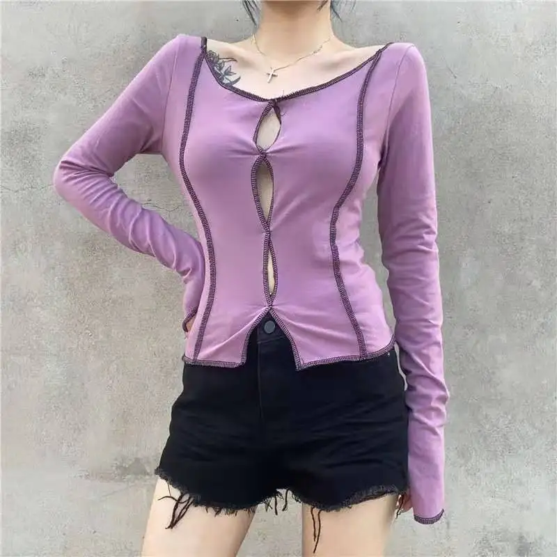 

2022 Sexy Stitching Hollow Long-Sleeved T-shirt for Purple Top Hollow Out Slit Streetwear Slim Cotton Ladies Casual Patchwork