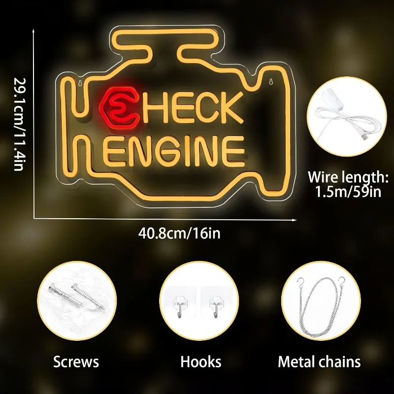 XM Check Engine Neon Garage LED Neon, Dimmable, USB-powered, Mens Wall Art Gifts, Mens Cave Garage Room Automatic Repair Shop