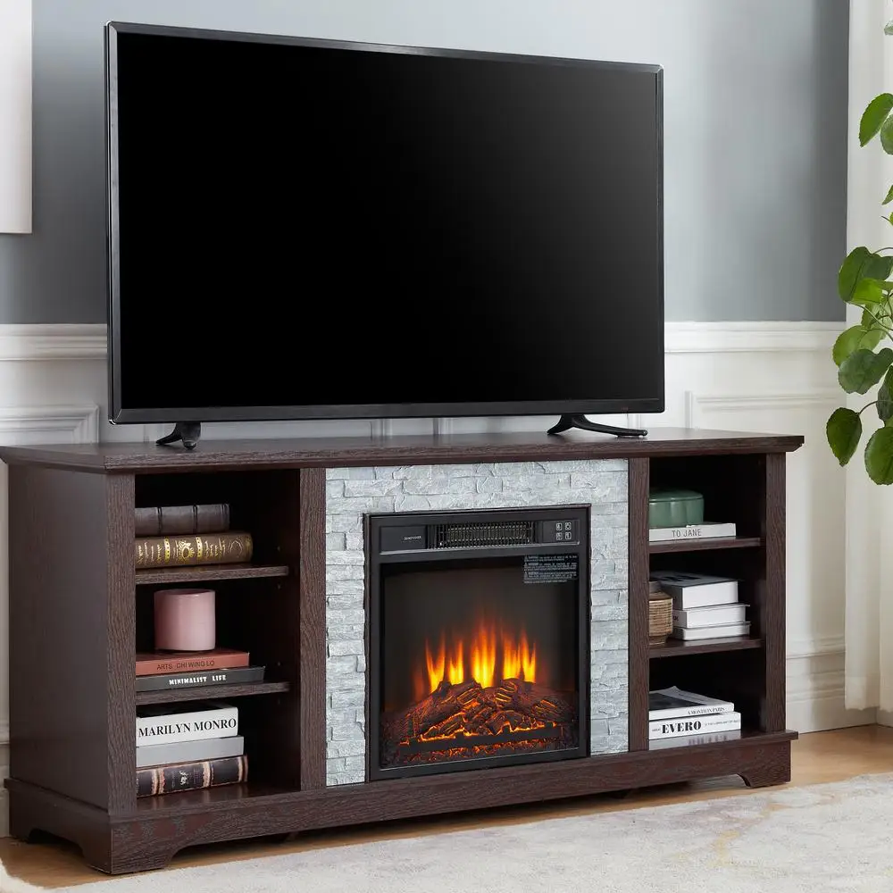 حامل تلفاز مكدس من الحجر الصناعي 58 بوصة وحدة تحكم الكرز مع مدفأة كهربائية 18 بوصة حتى 65 بوصة خزانة وسائط للتخزين المفتوح للتلفزيون #6