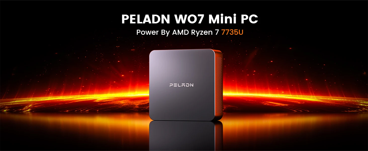 PELADN WO7 Mini PC AMD Ryzen 7 7735U (8C/16T, up to 4.75Ghz) 16GB DDR5+1TB SSD WiFi6 BT5.2 Quadruple-Display Mini Computer