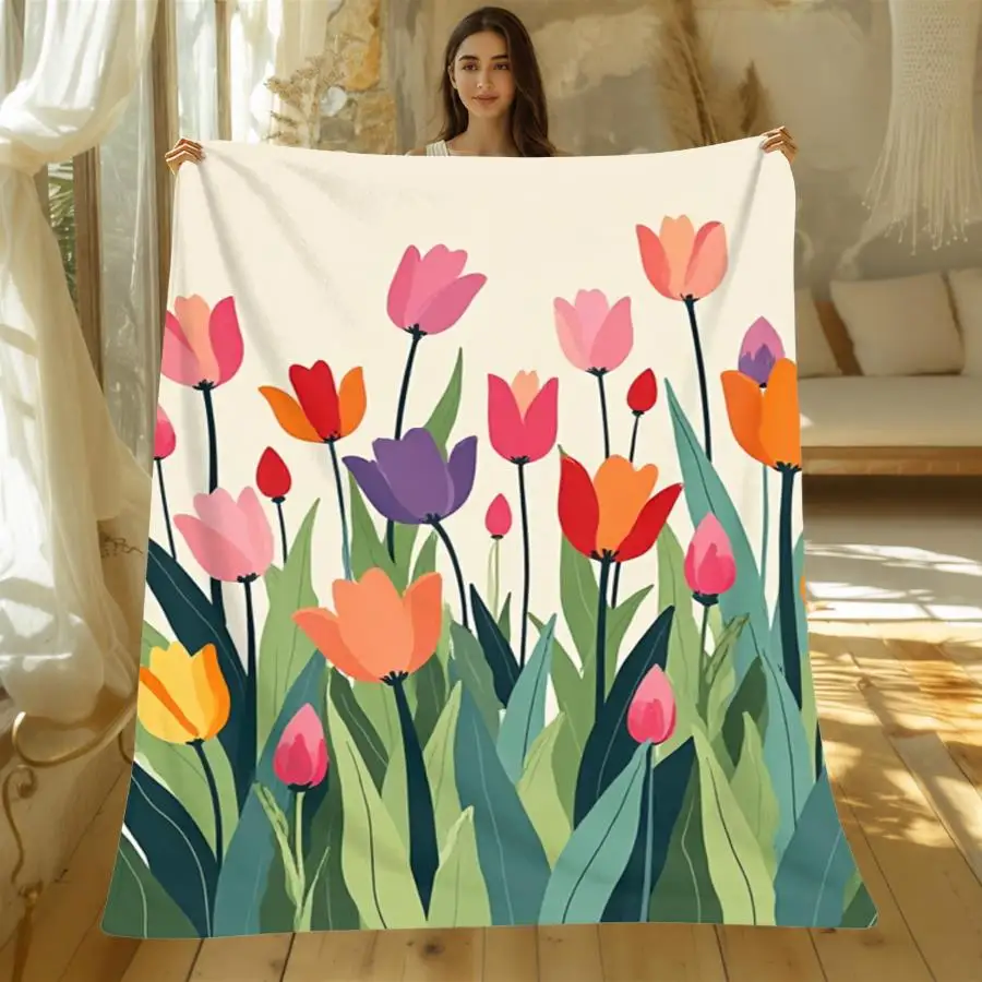 1pc Warm Premium Flannel Blanket with Vibrant Pastel Tulip Field Design, Soft 280GSM Decorative Throw for All Seasons Perfect as Home Decoration & Holiday Gift Choice.
