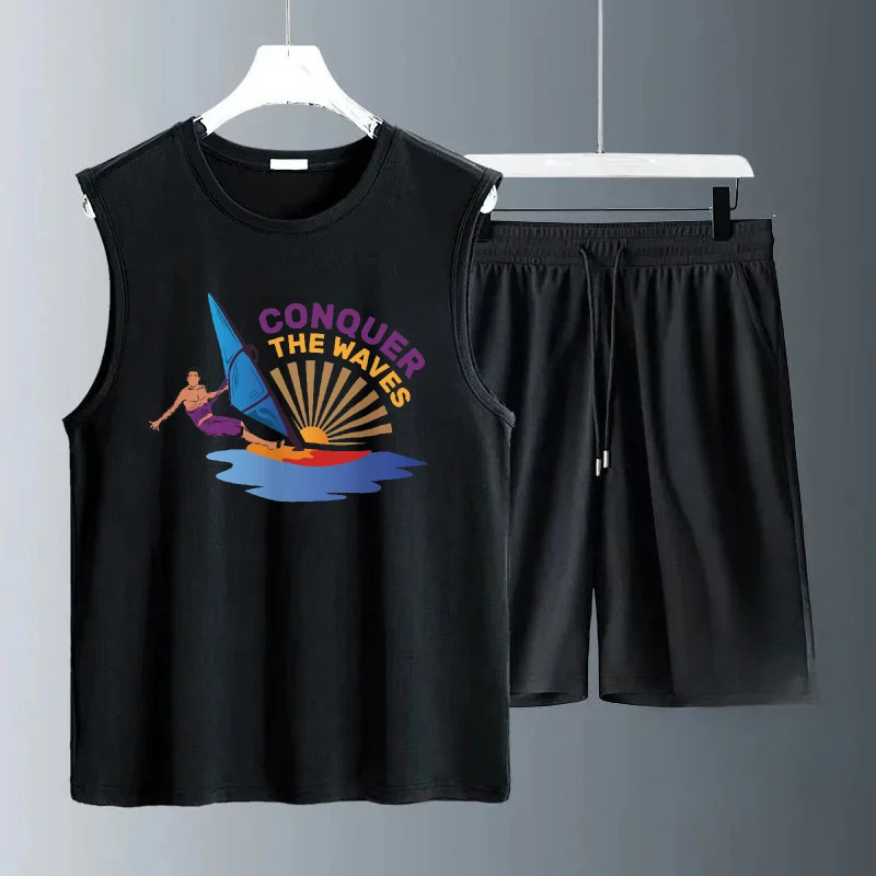 

Лето 2025 г., повседневный мужской комплект без рукавов с принтом веера-русалки, мягкая ткань, свободная посадка, удобная повседневная одежда, мужские спортивные костюмы