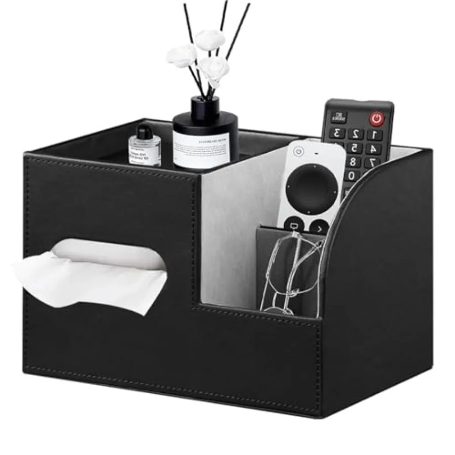 PU Leather Tissue Box Cover Square Tissue Box Holder Organizer with Storage Tray and Remote Control Holder for Bathroom Counter