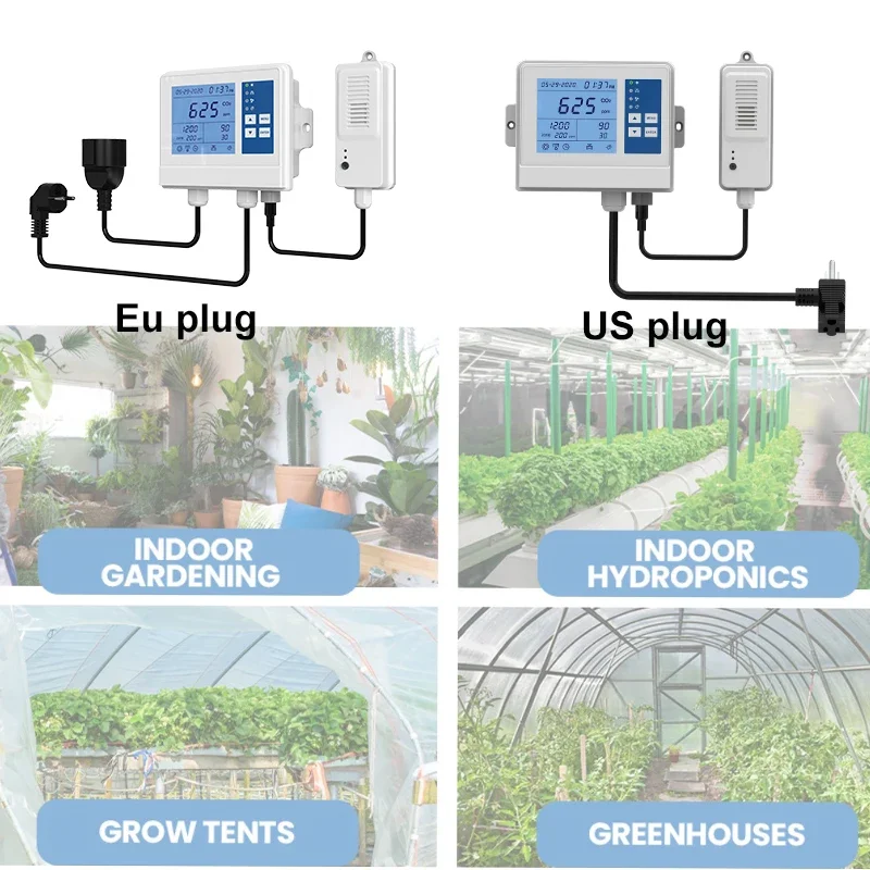 Mushroom CO2 controller for hydroponic growth system, growth and temperature and humidity control, exhaust fan and humidifier