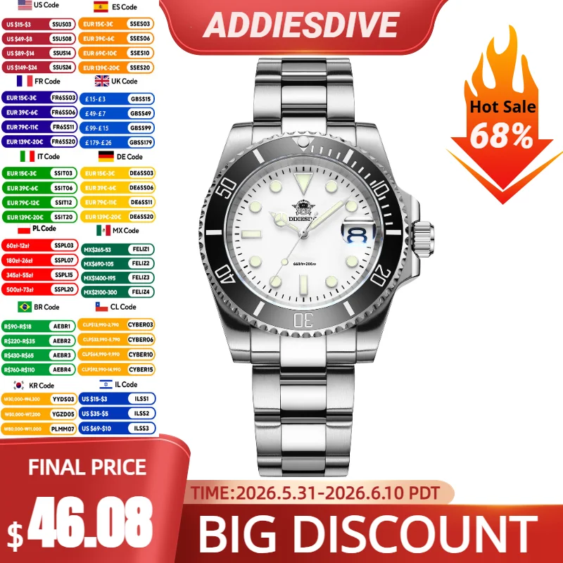 

ADDIESDIVE Watch For Men Stainless Steel Ceramic Bezel BGW9 Luminous Quartz Watch 200m Waterproof Men's Diving Watch ﻿Relogios