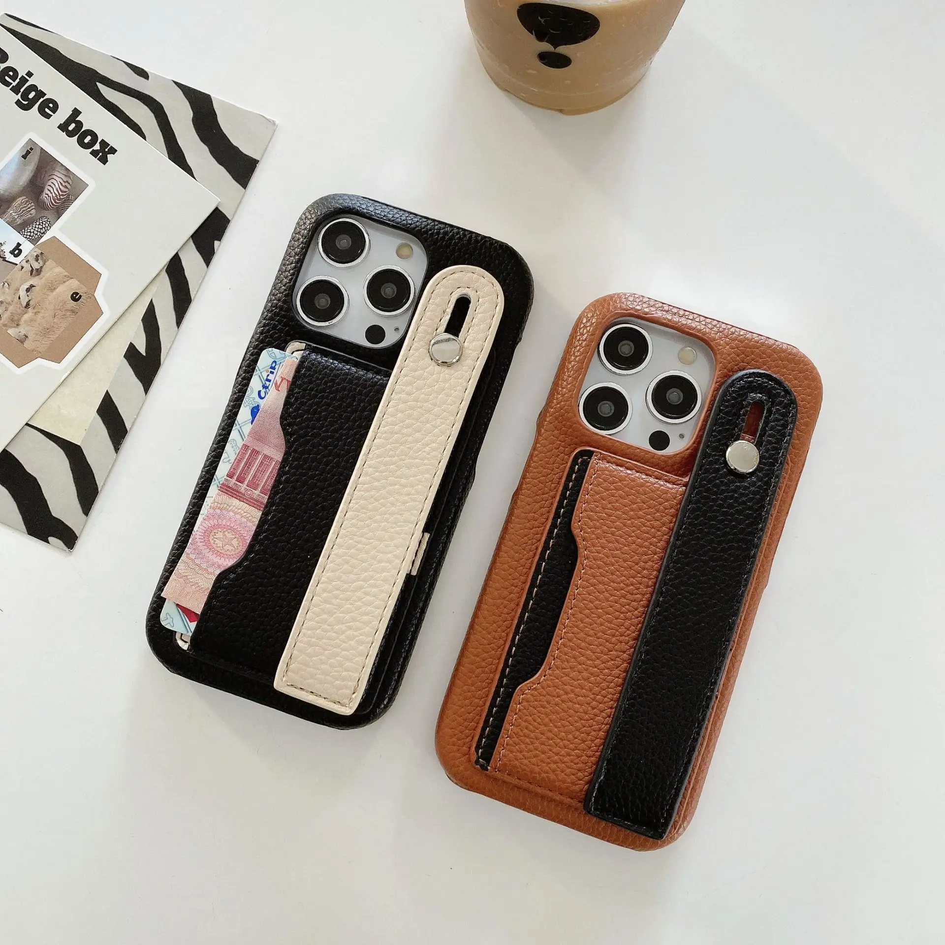 Pebbled Leather Phone Case Card Holder Wristband Holder for iPhone16 15 14 13 12 11ProMax 16 15 14Plus Protective Case