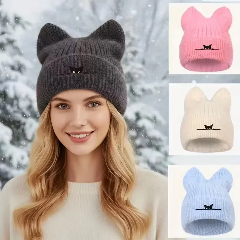 Gorro cálido de invierno con orejas de gato para mujer, gorro de punto de felpa de gran tamaño, lindos regalos Kawaii para niñas de cabeza grande